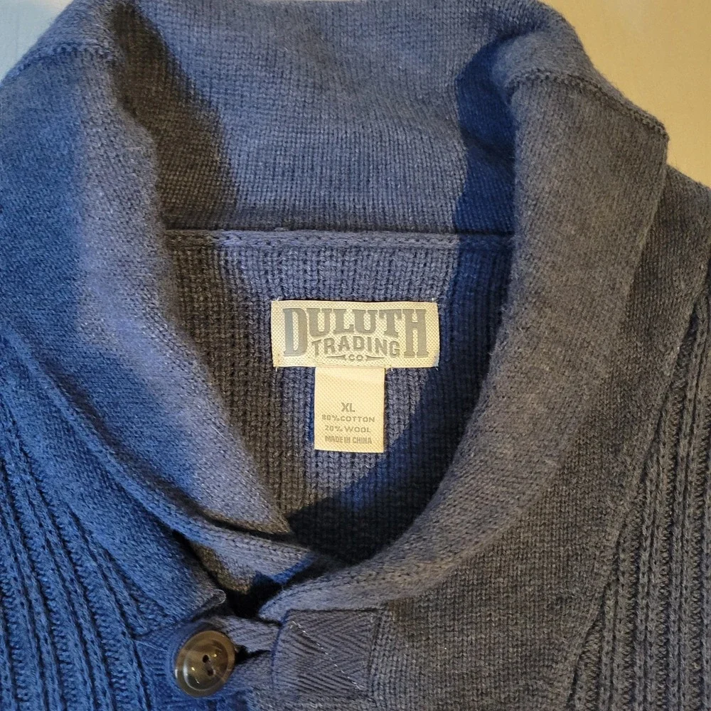 Duluth Trading Co Sweater Mens XL Blue Brigadier Shawl Collar Wool Blend - Picture 2 of 7
